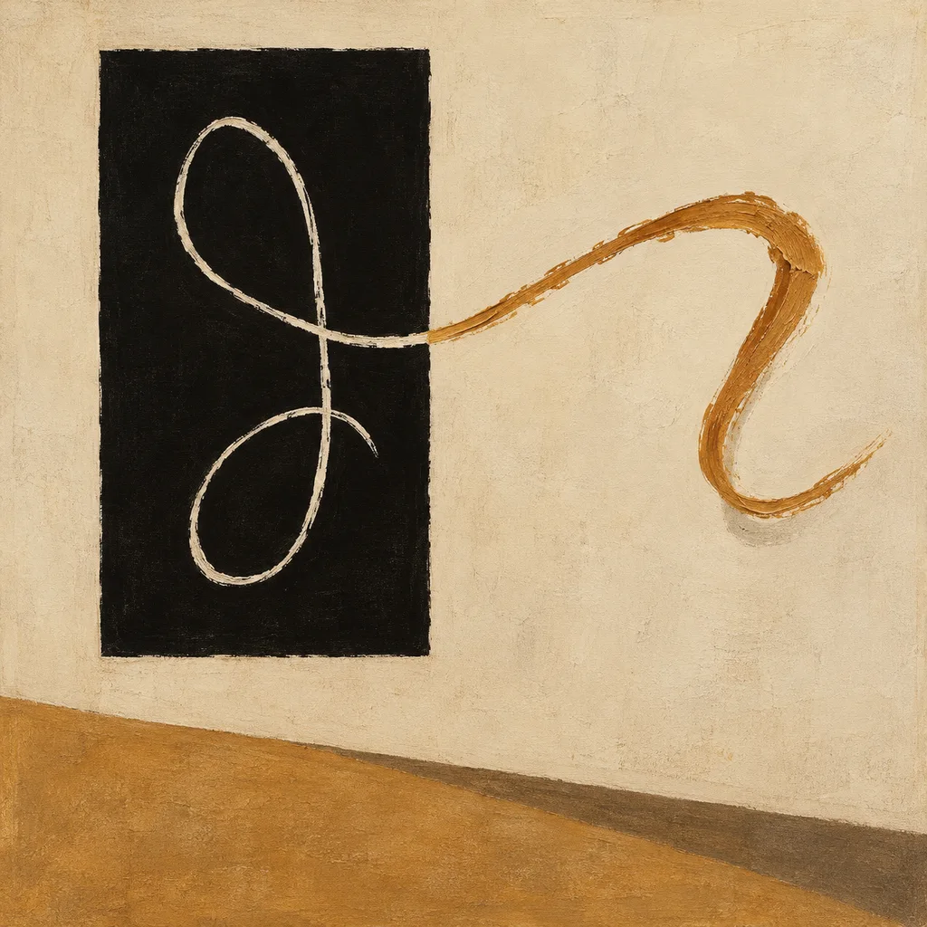 An expressive painted line crossing a warm, textured field