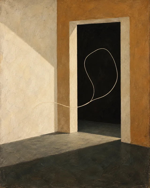 A fine painted line leading through an open doorway
