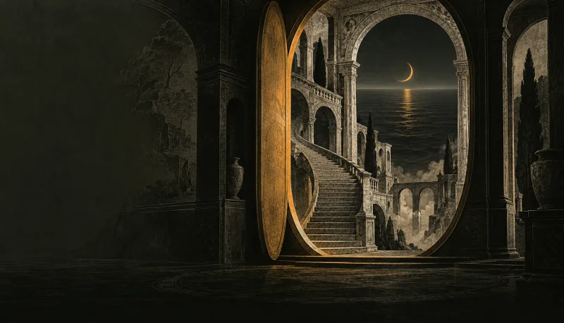 An open portal into a moonlit world of towers and stairways