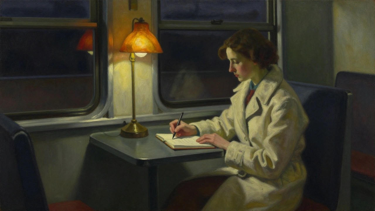 A woman writing alone by lamplight at a table in a night train carriage