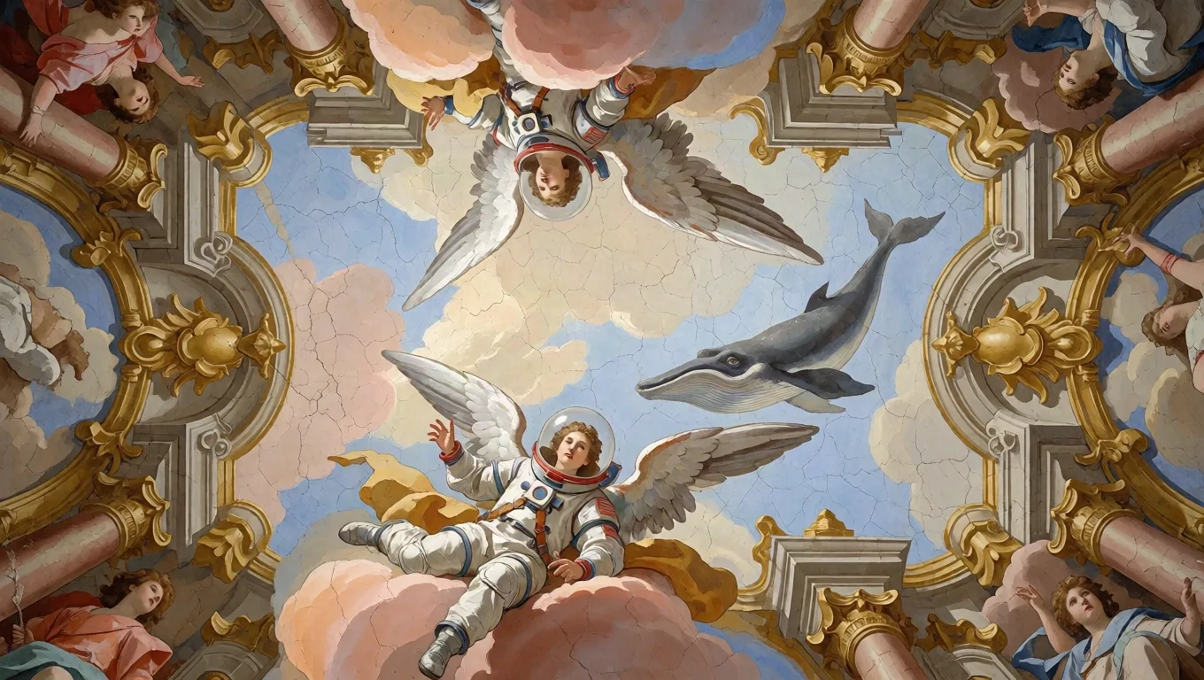 A baroque ceiling fresco seen from below: winged angels in vintage astronaut suits drift among pink clouds and gilded columns while a whale swims across the painted sky.