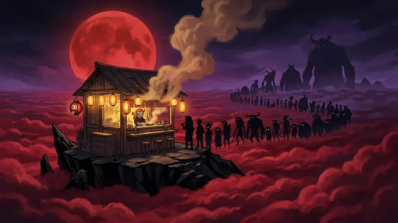 A ramen stall in hell, where every customer is bigger than the last.