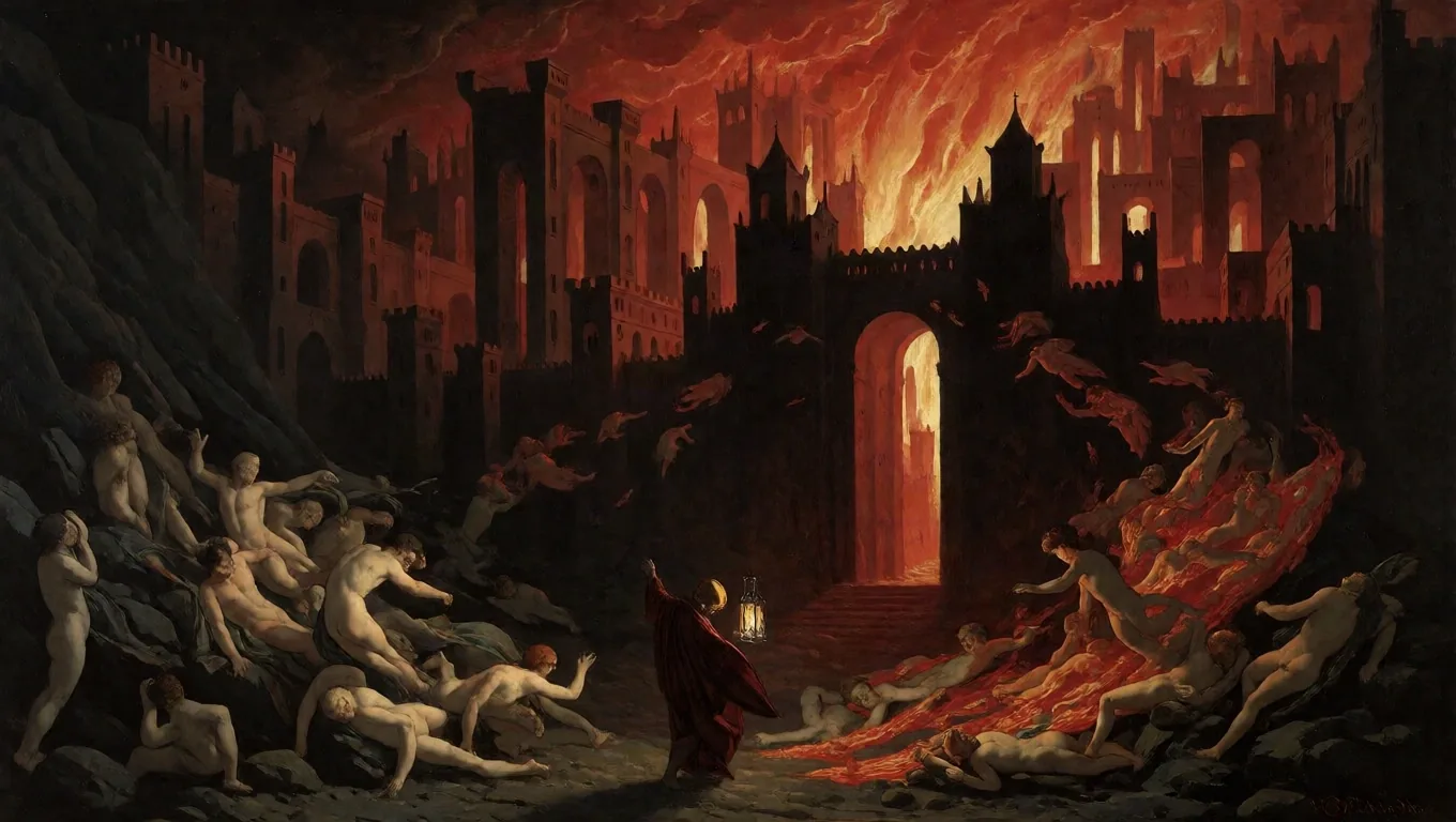 A lone traveller with a lantern at the burning gates of an underworld city, in the style of an old engraving painted in oils.